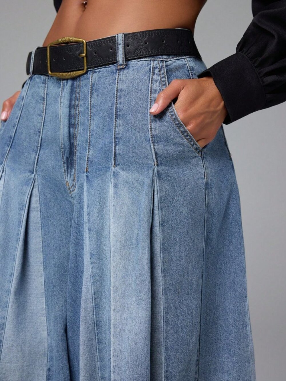 Medium Wash Casual Women's Two Tone Denim Wide Leg Flowy Baggy Jeans - Picture 6 of 7